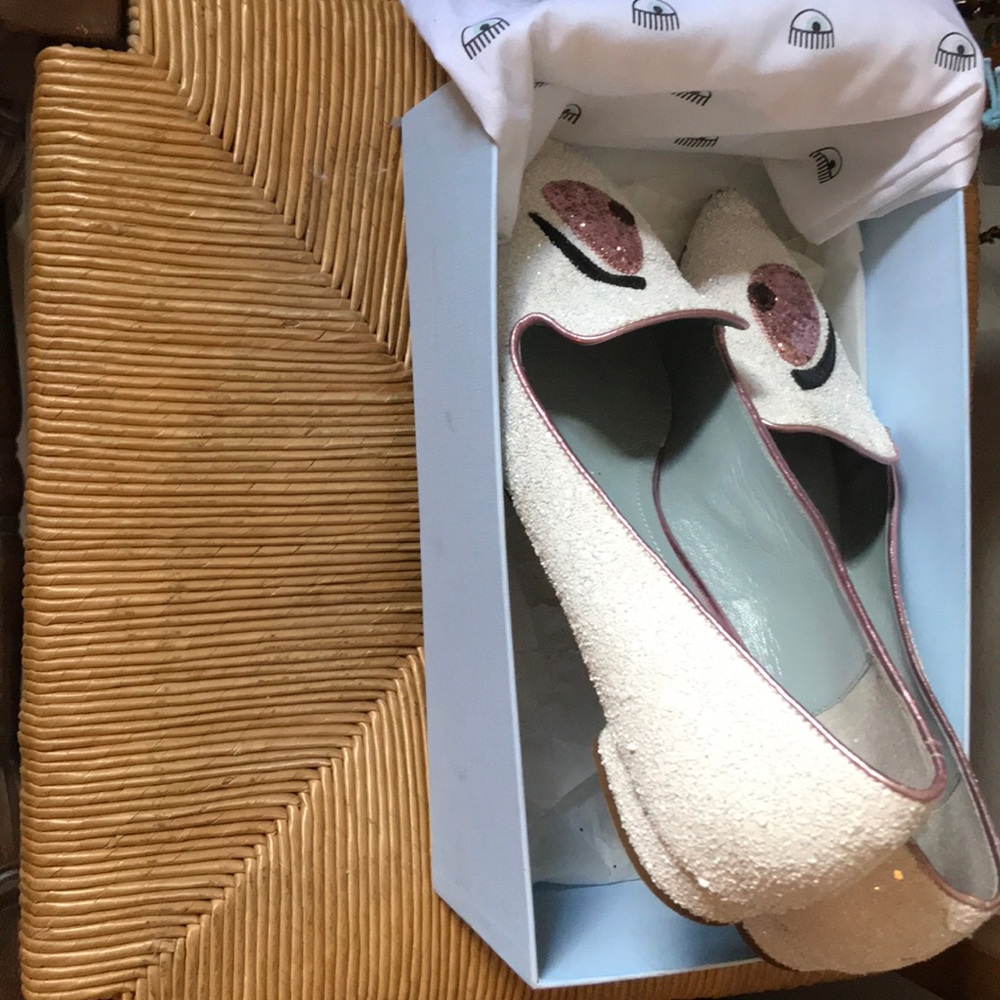 Chiara Ferragni sparkly white flats with eye motif